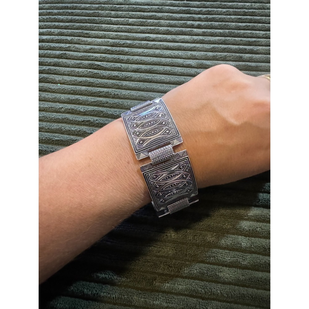Vintage West Germany Silver Tone Panel Bracelet Etched Design Statement Jewelry